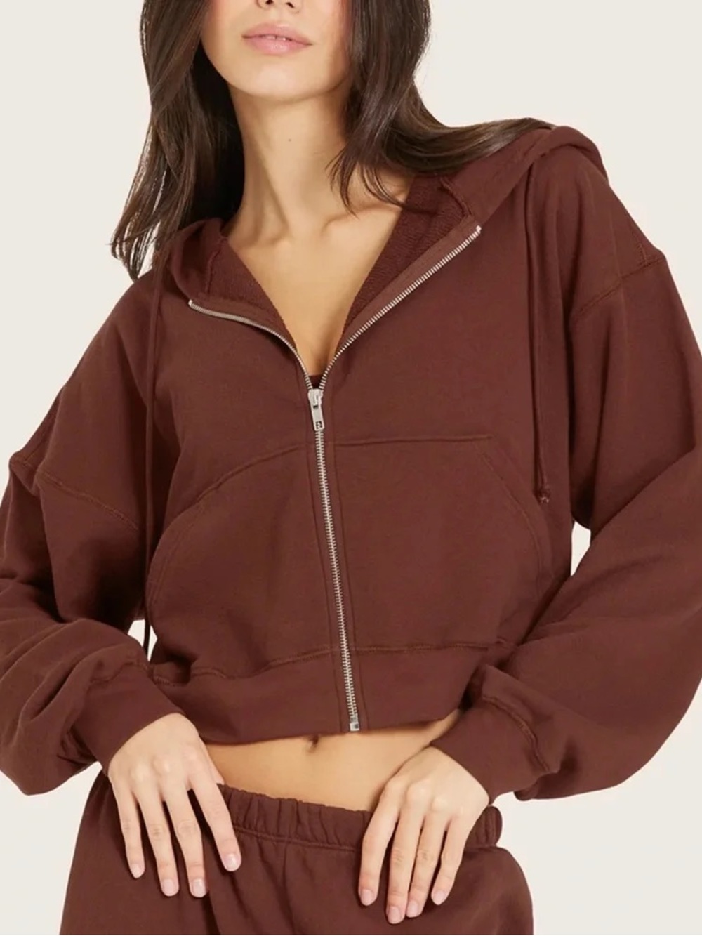 Set Active Large Cropped Zip-Front Hoodie - Cola Brown